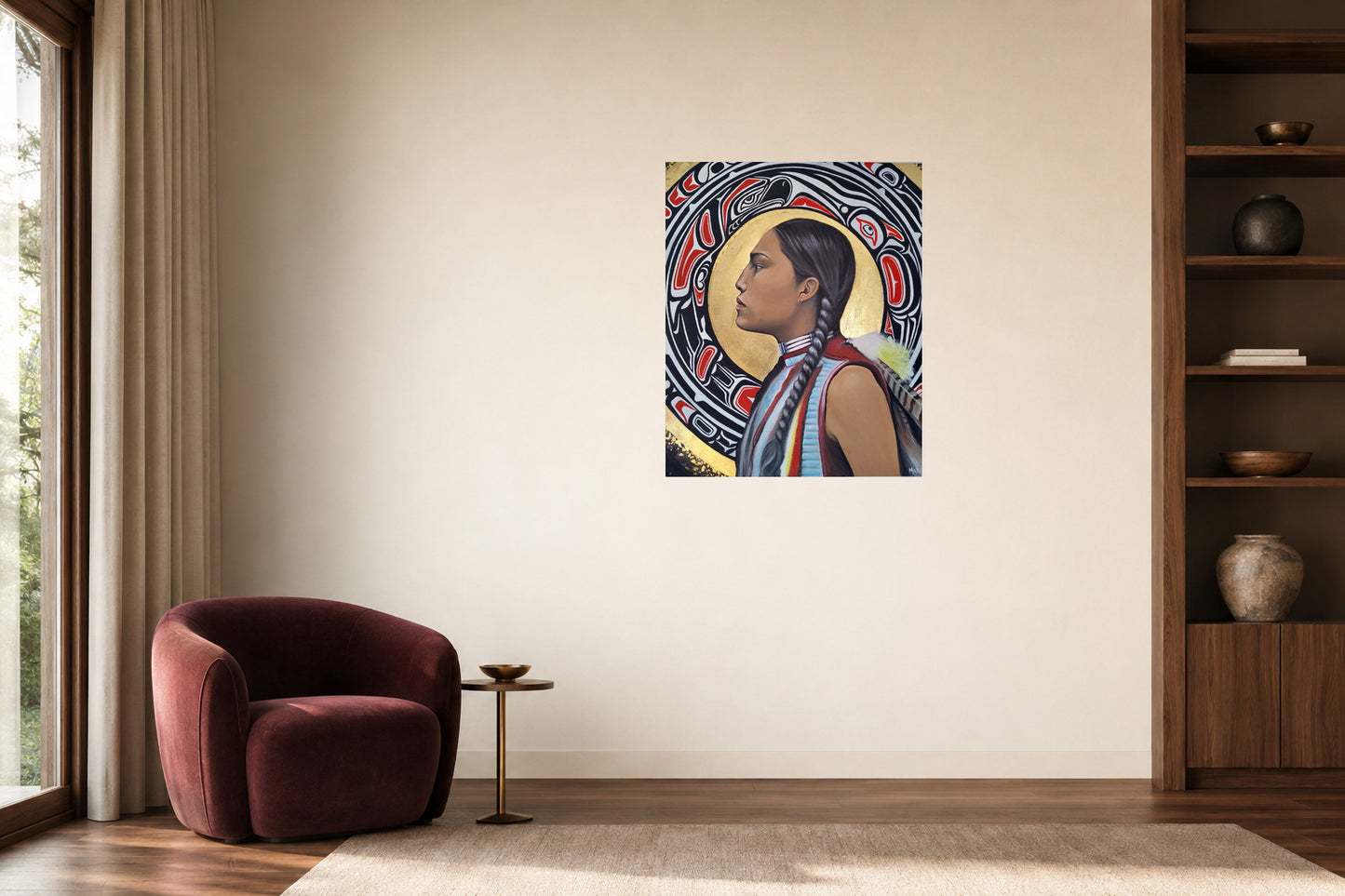 Le regard vers demain, toile sans cadre de 36 × 24 po présentée sur un mur crème.