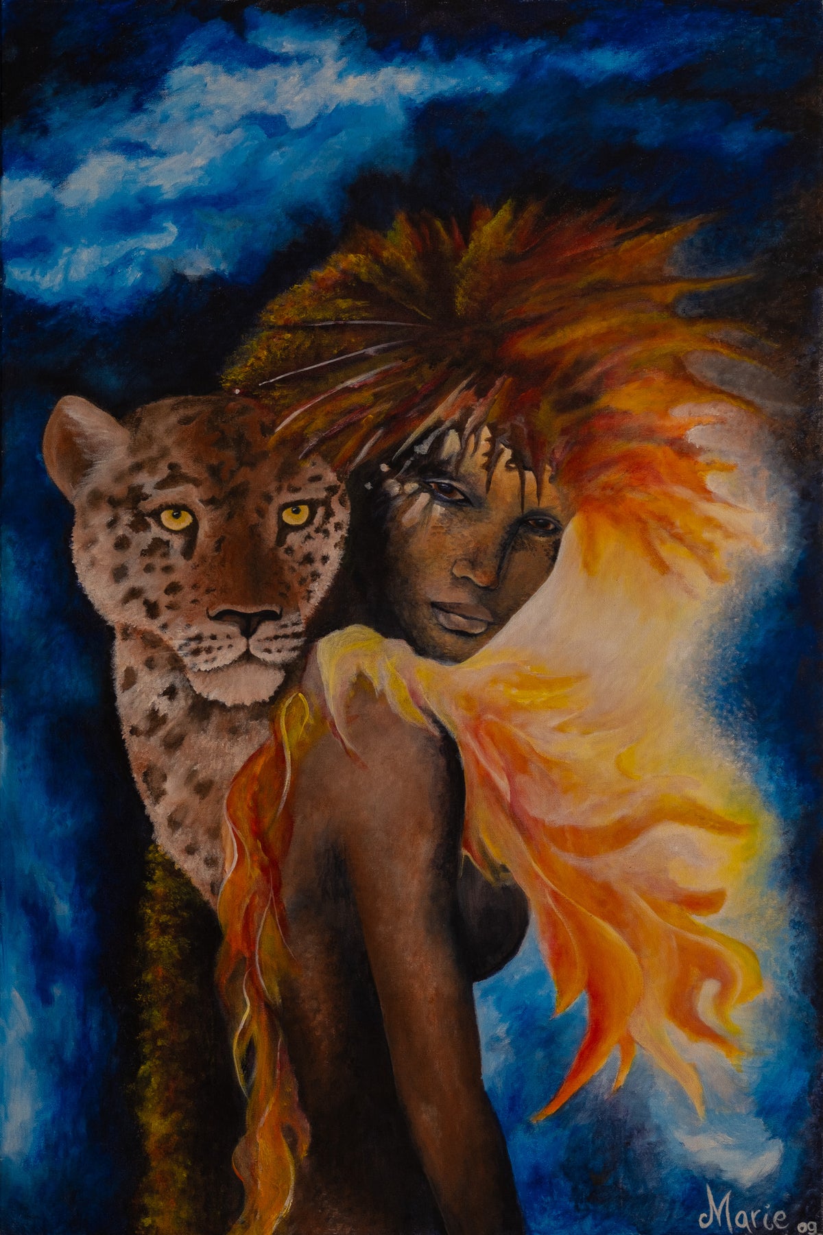 « Le bal masqué » de Joanna — acrylique, une femme danse avec son animal intérieur