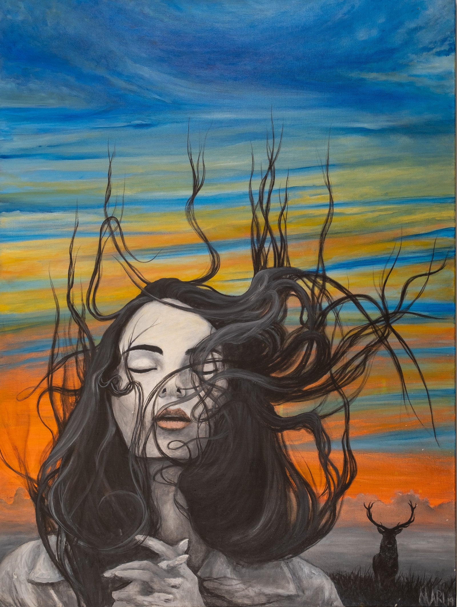 « Crépuscule » de Joanna — huile sur toile, femme et cerf dans un ciel incandescent