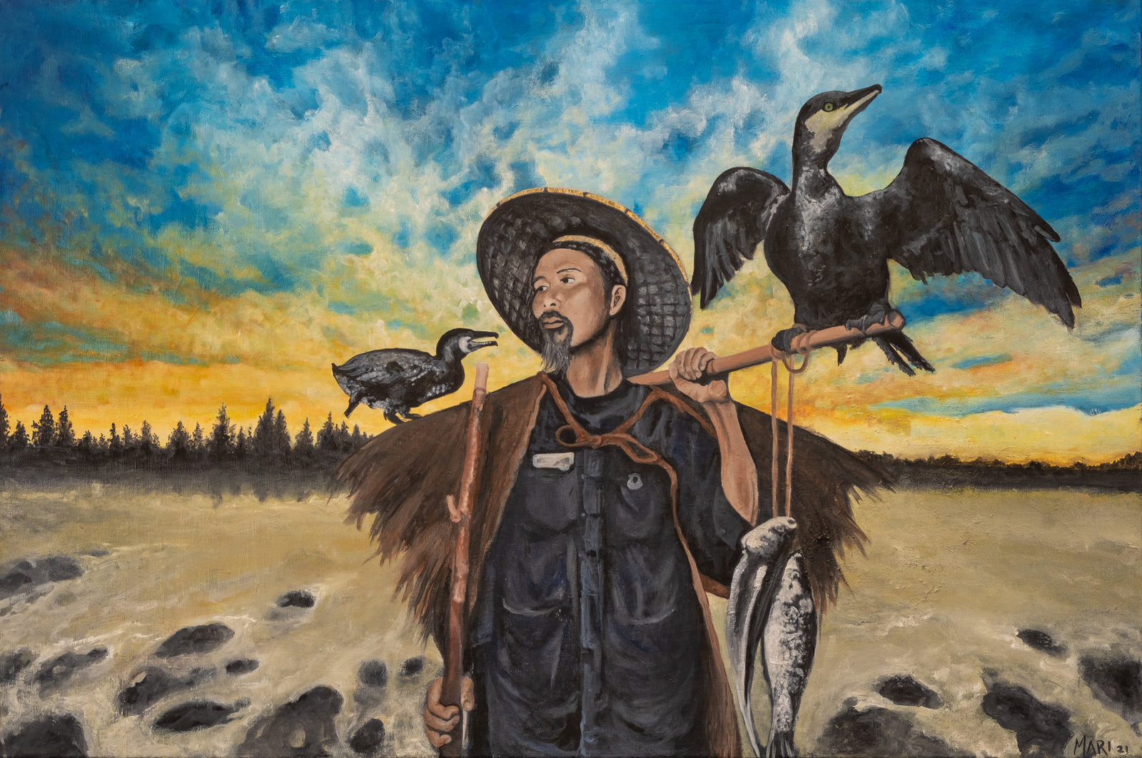 « Le pêcheur » de Joanna — huile et feuilles d'or, pêcheur et cormorans