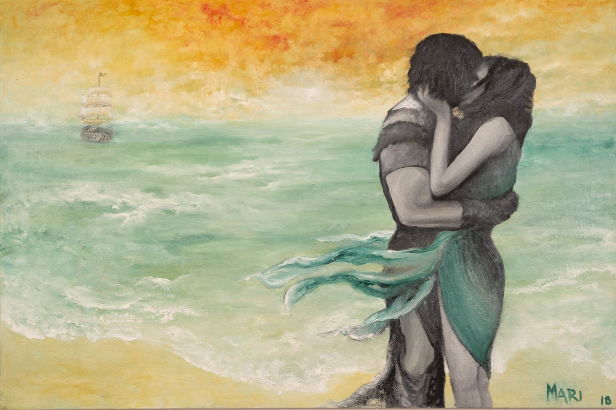 « Heureux Naufrage » de Joanna — acrylique, deux amoureux au bord de l'eau