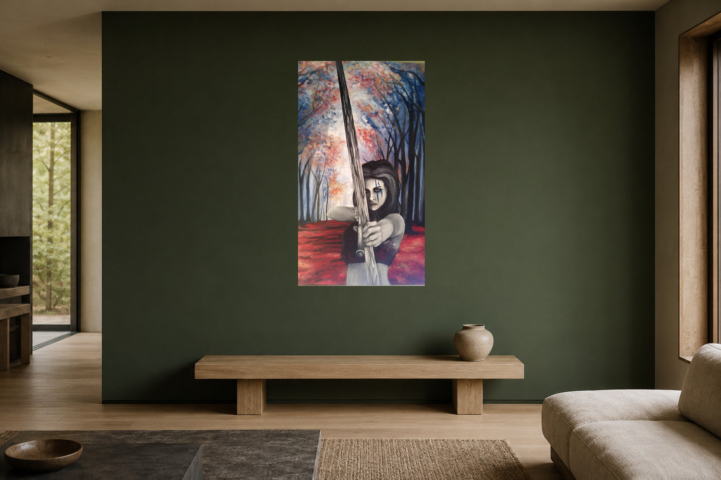 Au cœur de la forêt, toile sans cadre de 48 × 36 po présentée sur un mur vert profond.