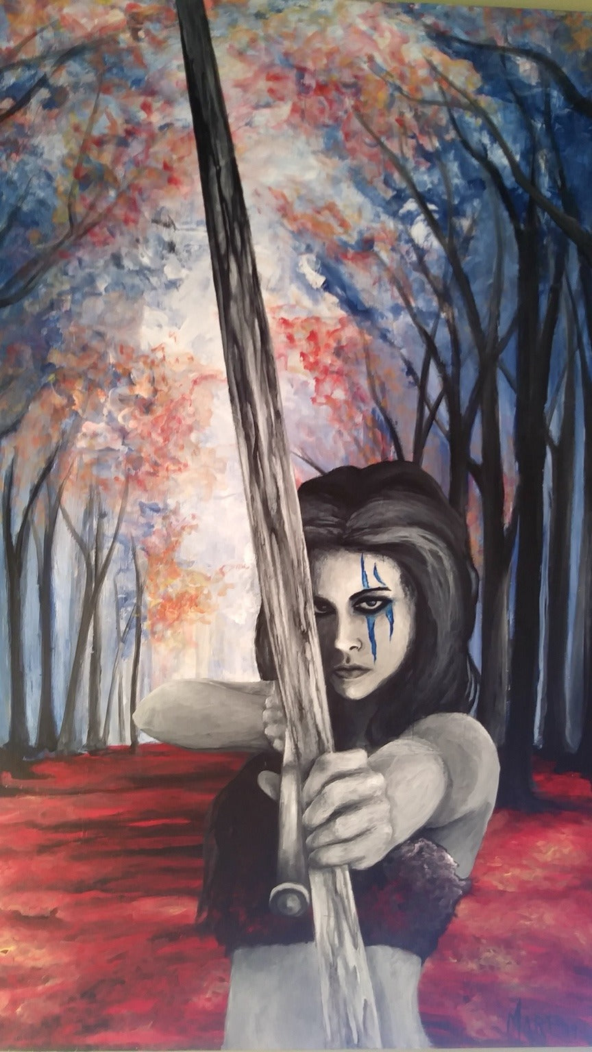Au cœur de la forêt, archère tenant un arc parmi des feuillages colorés, huile sur toile de Joanna.