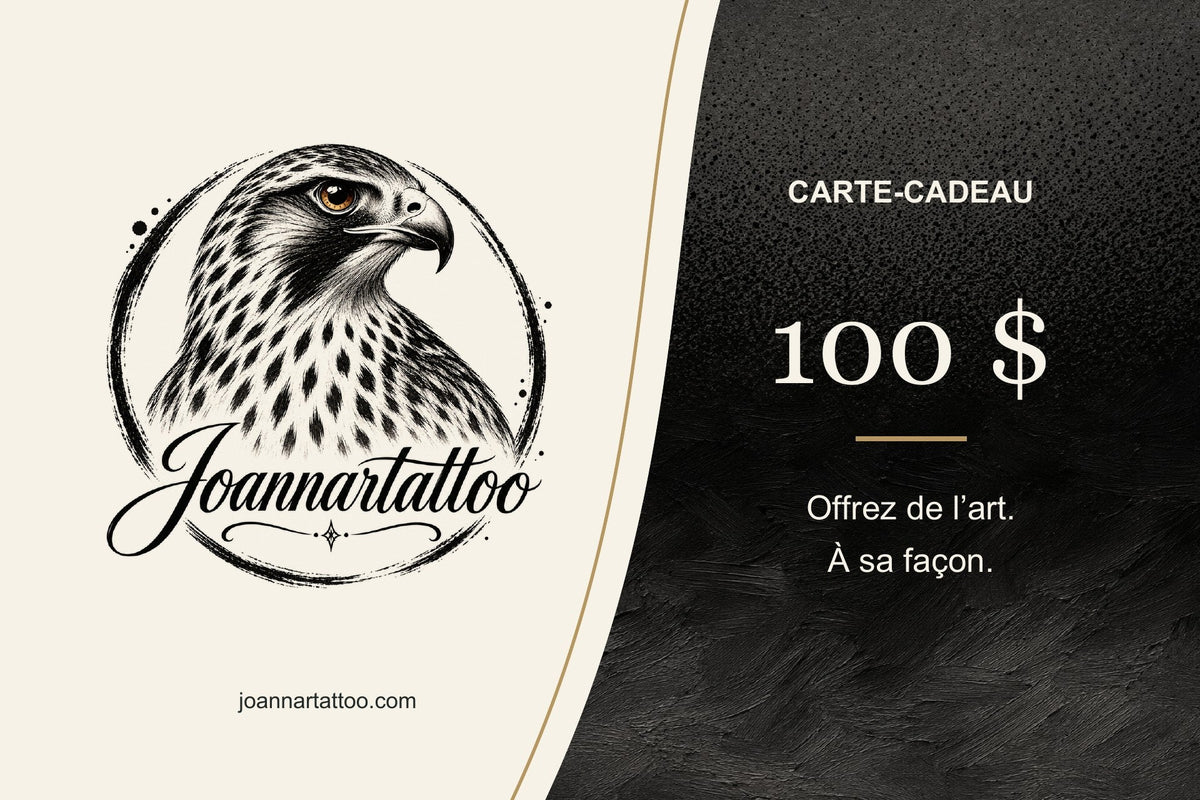 Carte-cadeau imprimée de 100 $ Joannartattoo, livrée par la poste, studio de tatouage à Bégin, Saguenay–Lac-Saint-Jean