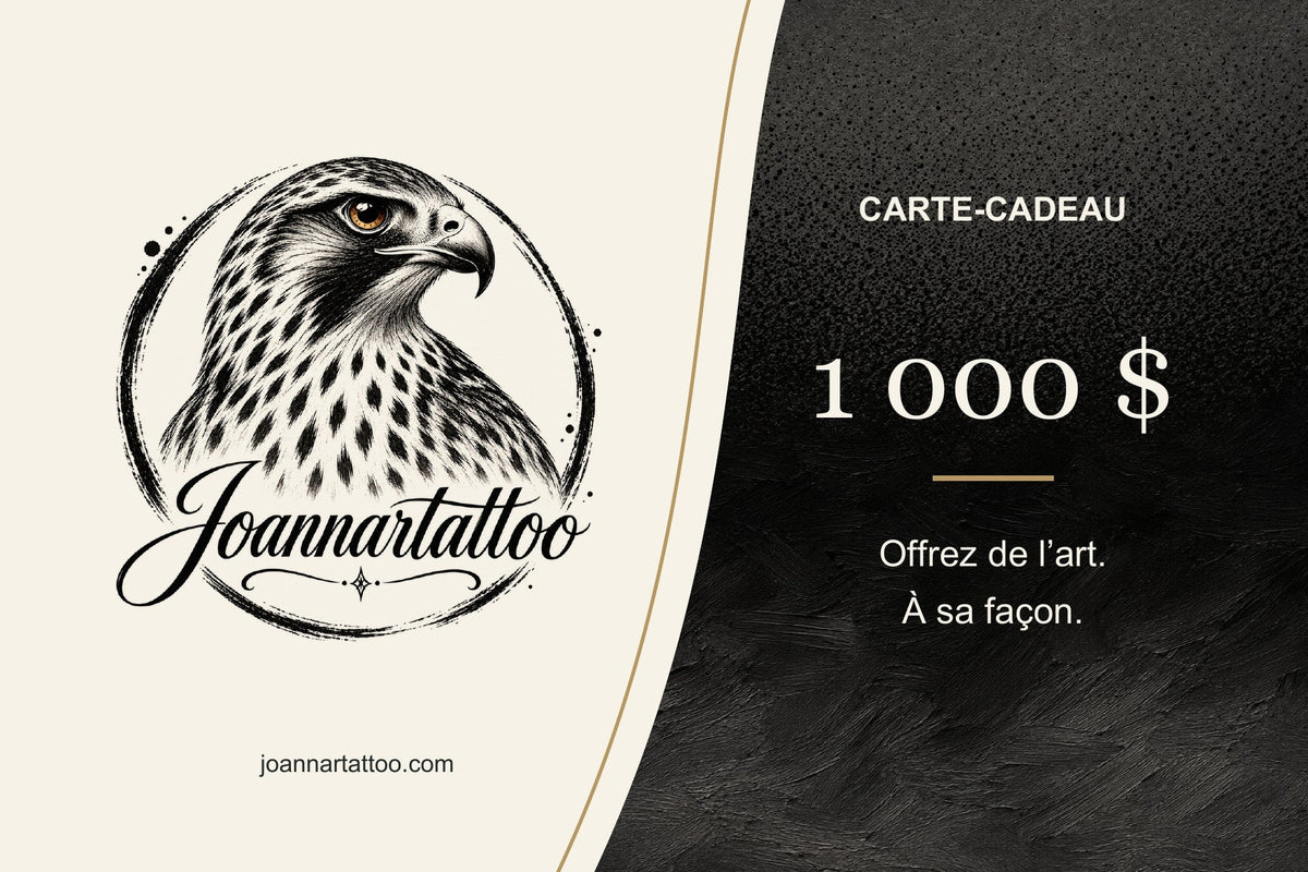 Carte-cadeau imprimée de 1 000 $ Joannartattoo, livrée par la poste, studio de tatouage à Bégin, Saguenay–Lac-Saint-Jean