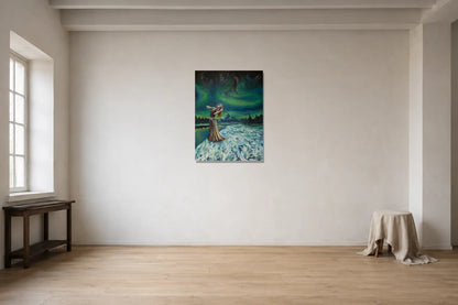 Mise en situation de l’œuvre Aurora, 30 × 40 po, dans un atelier d’artiste