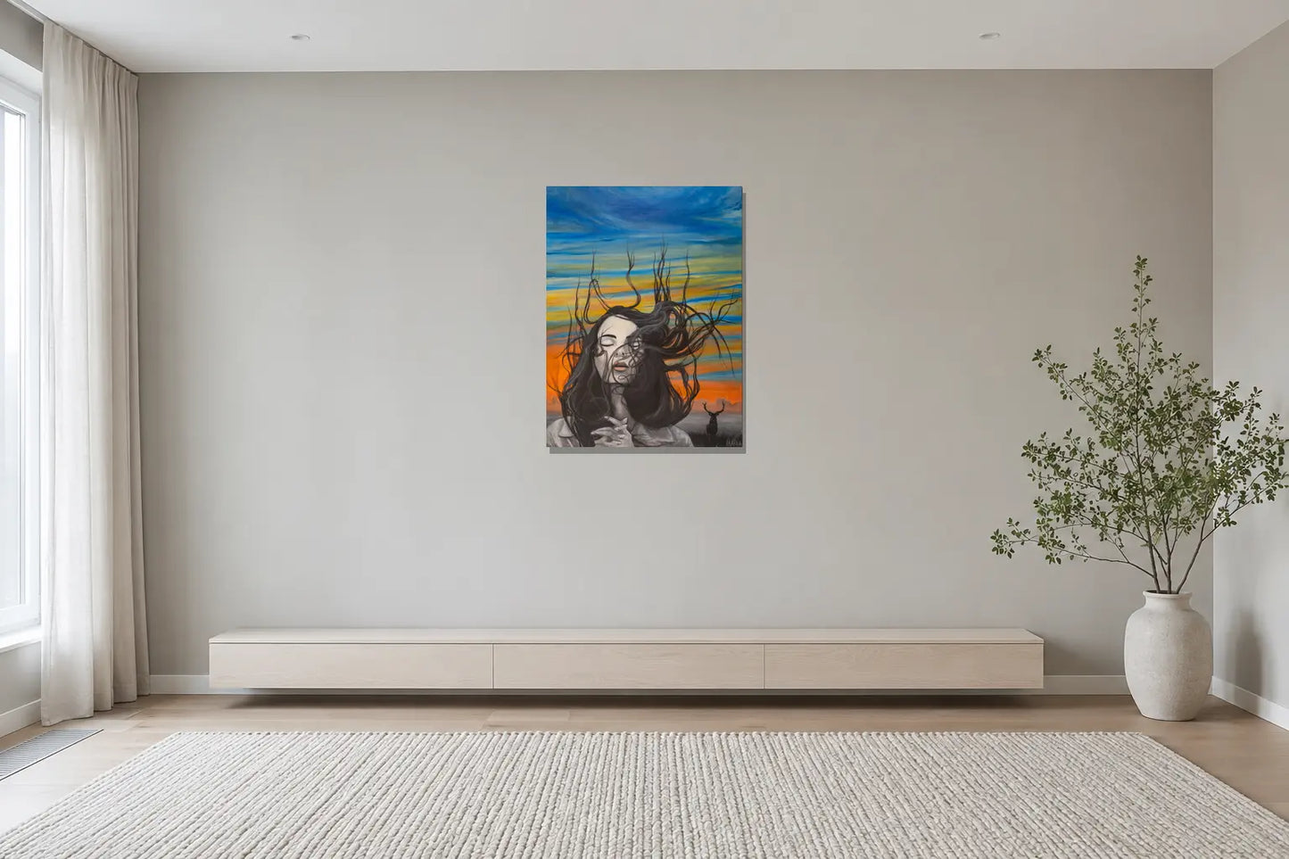 Mise en situation de l’œuvre Crépuscule, 30 × 40 po, dans un intérieur scandinave