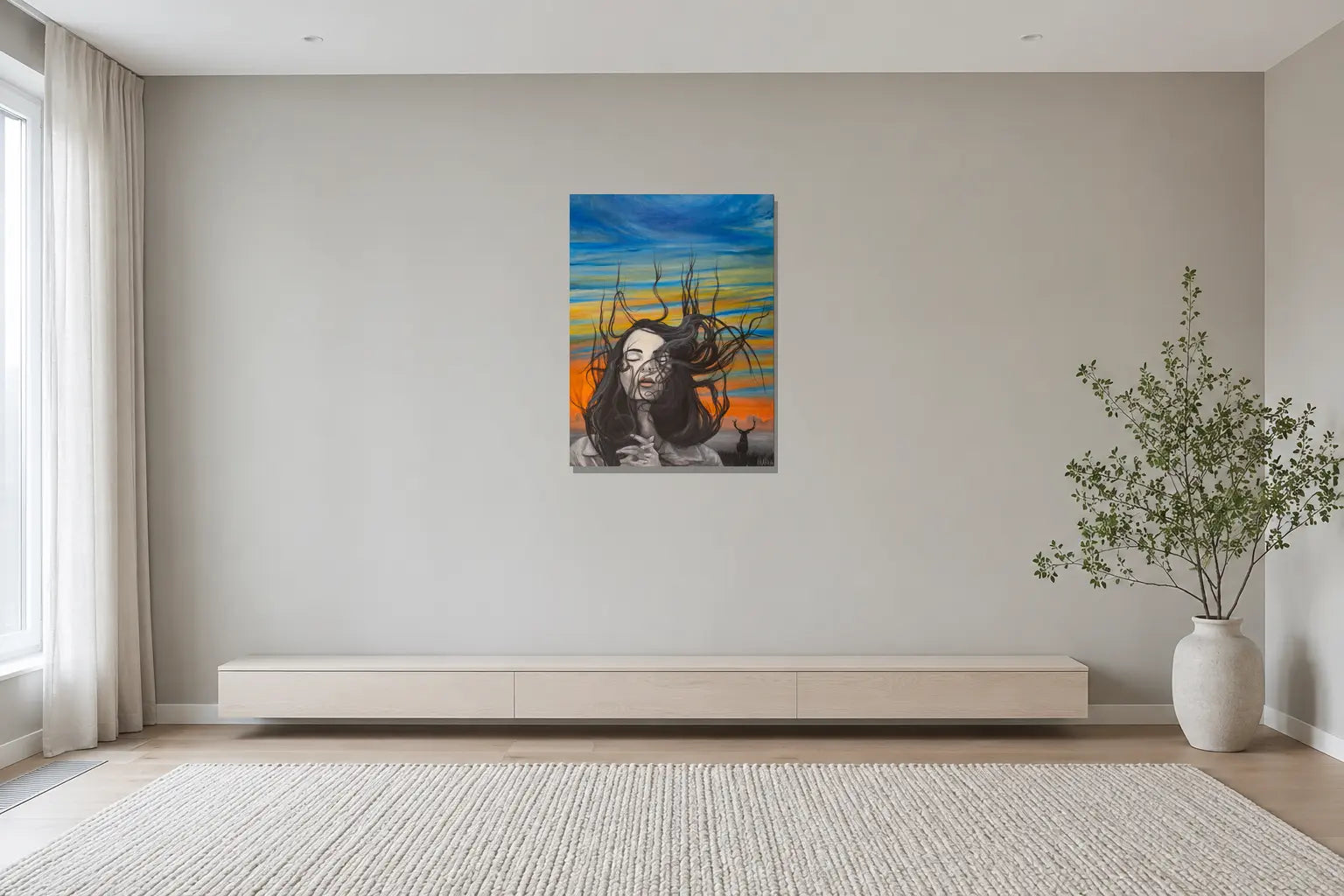 Mise en situation de l’œuvre Crépuscule, 30 × 40 po, dans un intérieur scandinave
