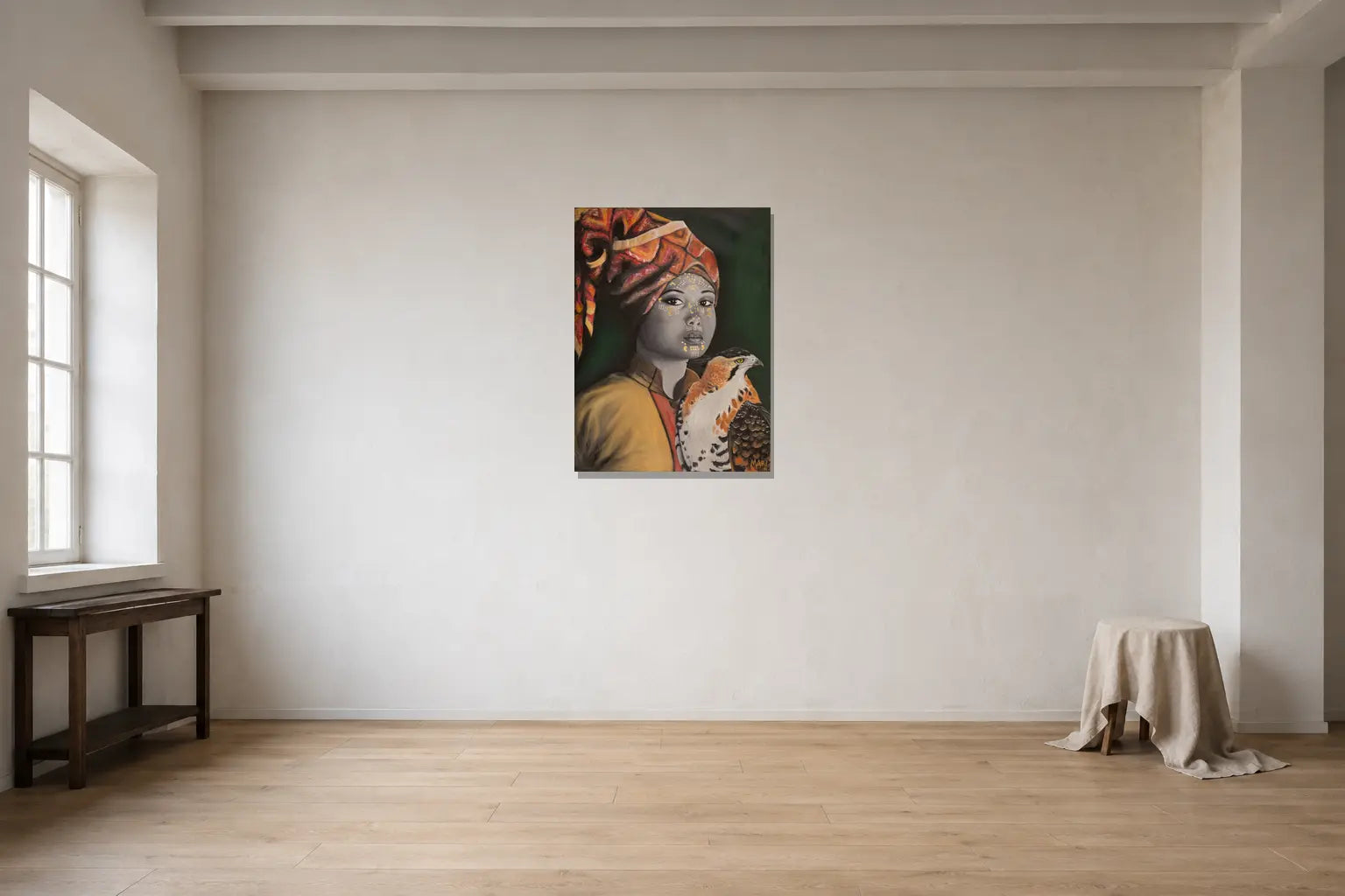 Mise en situation de l’œuvre Fauconnière, 30 × 40 po, dans un atelier-galerie