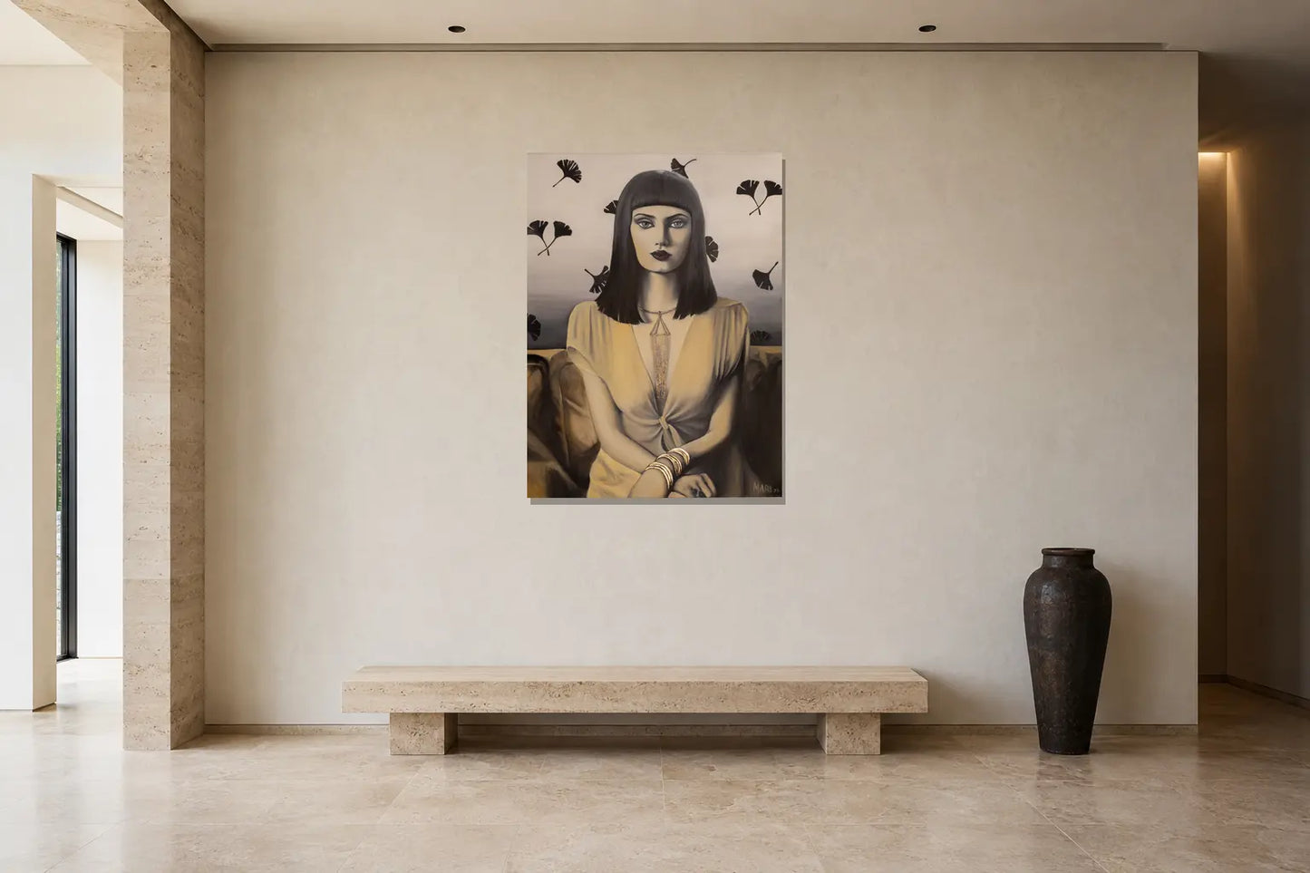 Mise en situation de l’œuvre Éléonore, 36 × 48 po, dans une galerie résidentielle