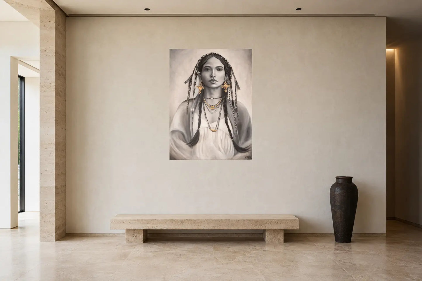 Mise en situation de l’œuvre Kamala, 36 × 48 po, dans une galerie contemporaine