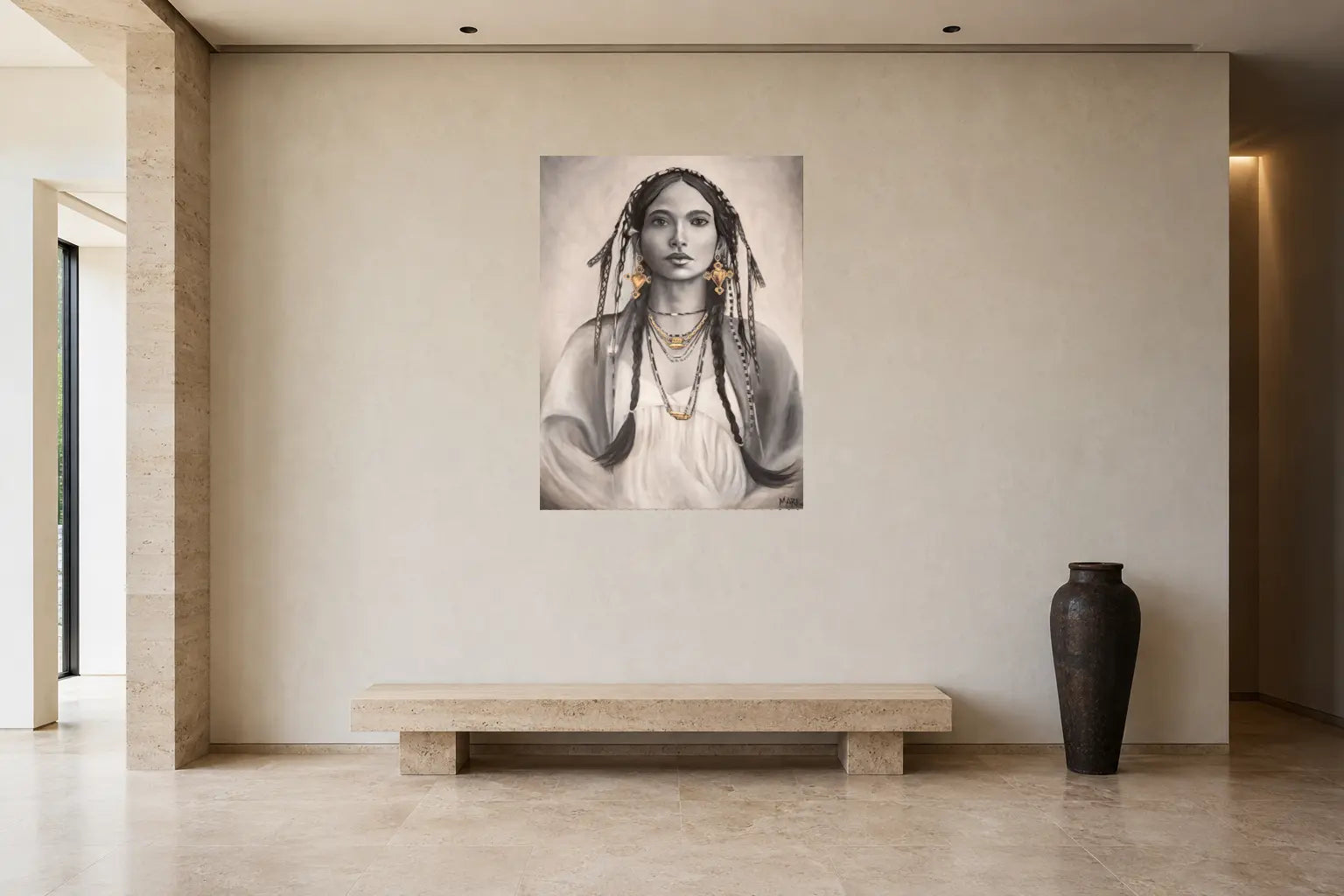 Mise en situation de l’œuvre Kamala, 36 × 48 po, dans une galerie contemporaine