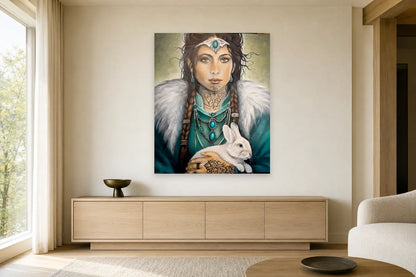 Mise en situation de l’œuvre Hestia, douceur sacrée, 20 × 24 po, dans un intérieur contemporain
