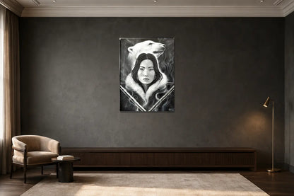 Mise en situation de l’œuvre Eirene, sérénité profonde, 36 × 48 po, dans un salon contemporain