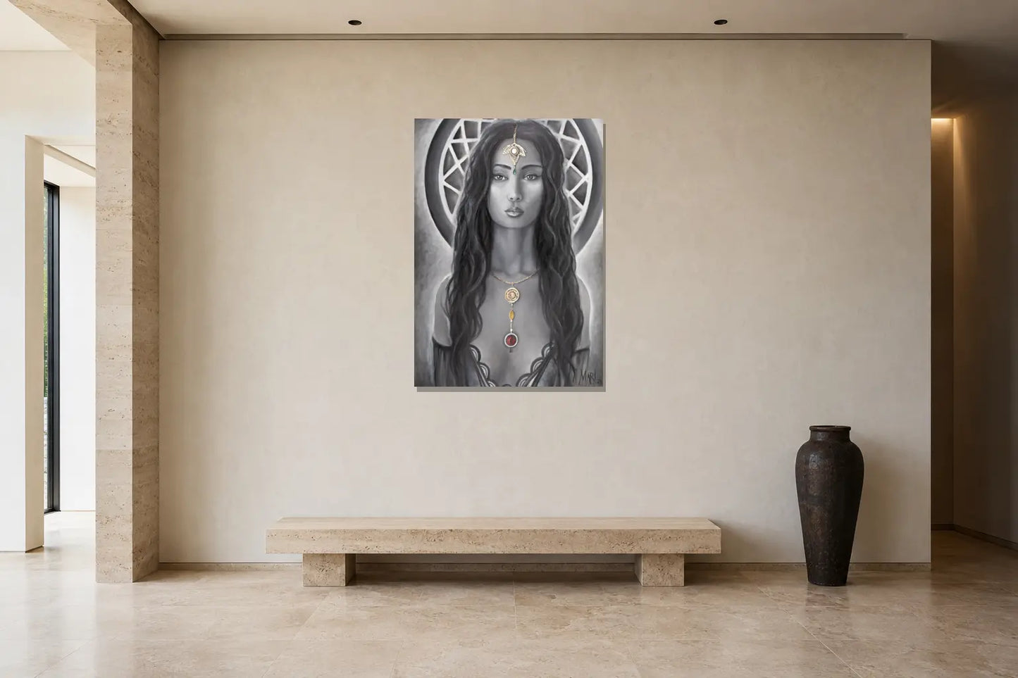 Mise en situation de l’œuvre Holda, 36 × 48 po, dans une galerie résidentielle