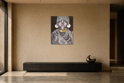 Mise en situation de l’œuvre Ashiakle, 30 × 40 po, dans un intérieur minéral contemporain