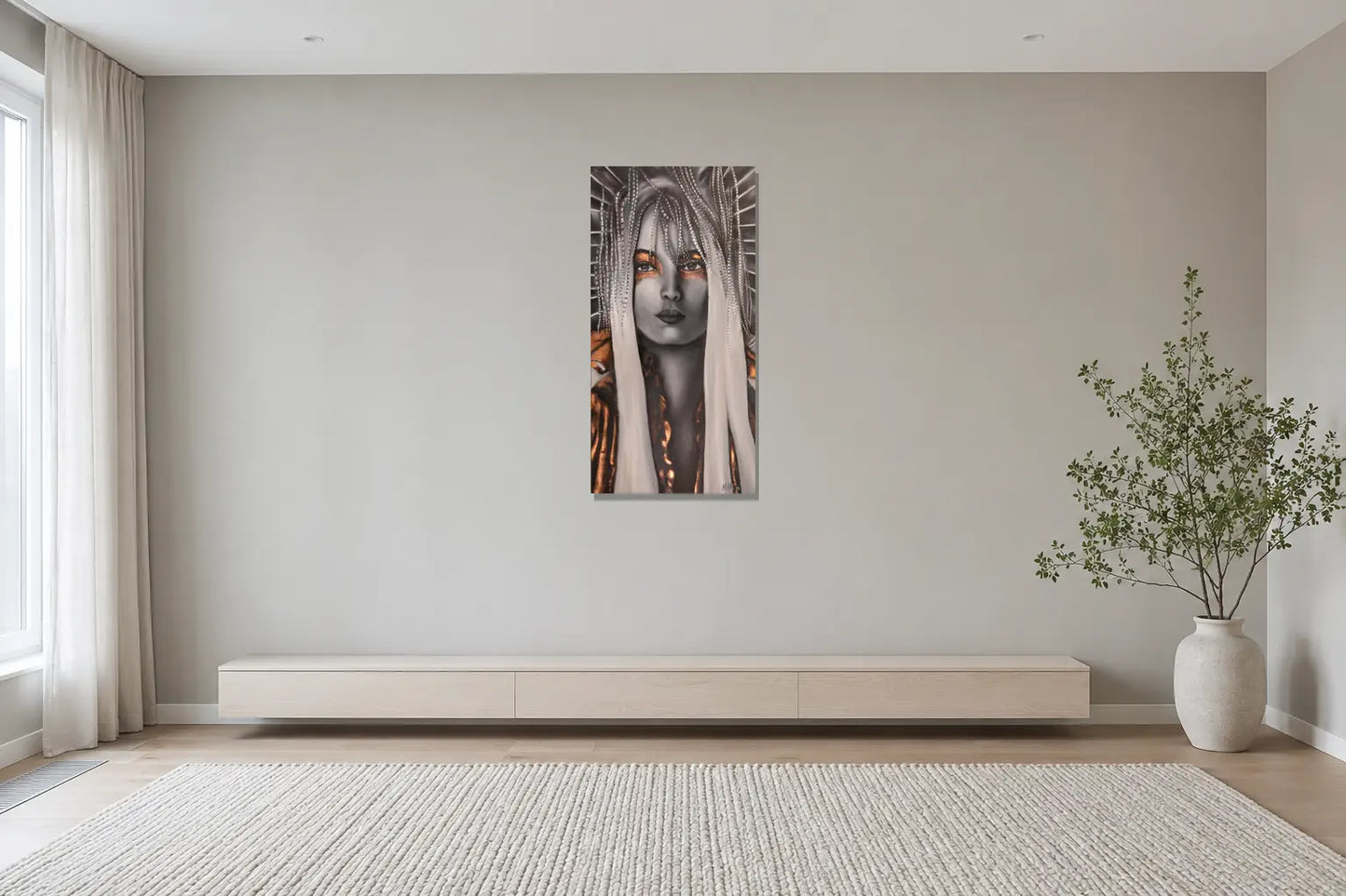 Mise en situation de l’œuvre Hackle, 24 × 48 po, dans un intérieur scandinave