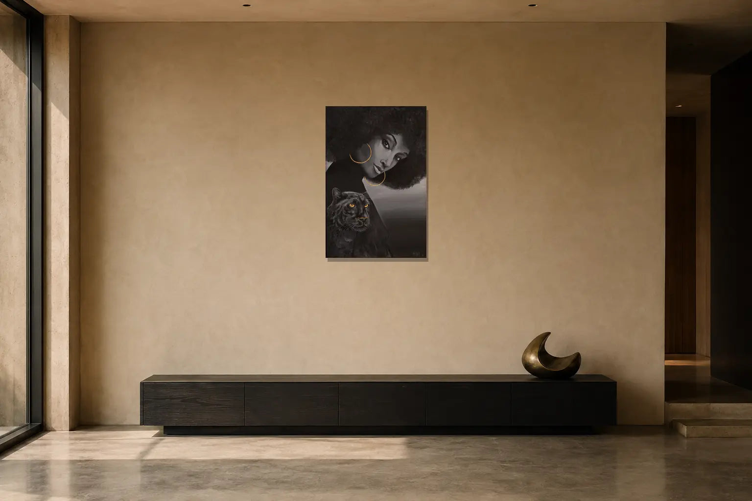 Mise en situation de l’œuvre La panthère noire, 24 × 36 po, dans un intérieur minimaliste