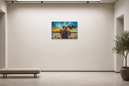 Mise en situation de l’œuvre Le pêcheur, 36 × 24 po, dans une galerie contemporaine