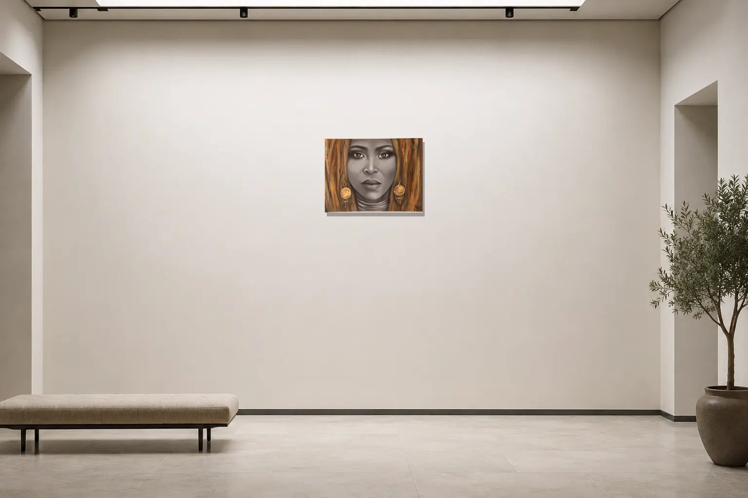 Mise en situation de l’œuvre Serenia, 24 × 18 po, sur un mur de galerie