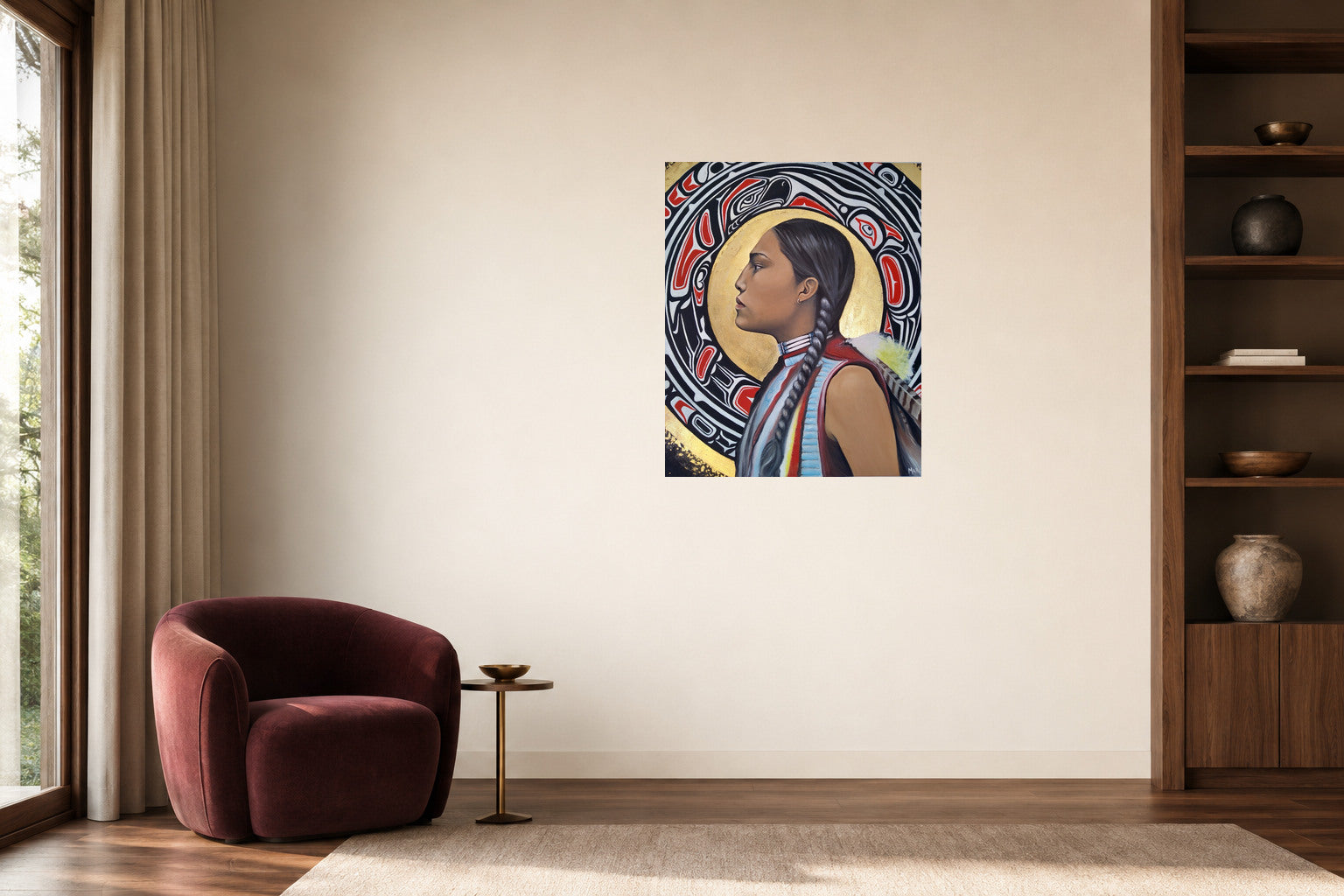 Le regard vers demain, toile sans cadre de 36 × 24 po présentée sur un mur crème.