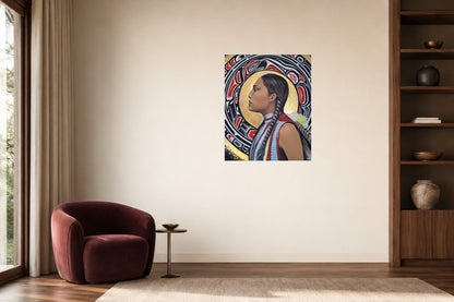 Le regard vers demain, toile sans cadre de 36 × 24 po présentée sur un mur crème.