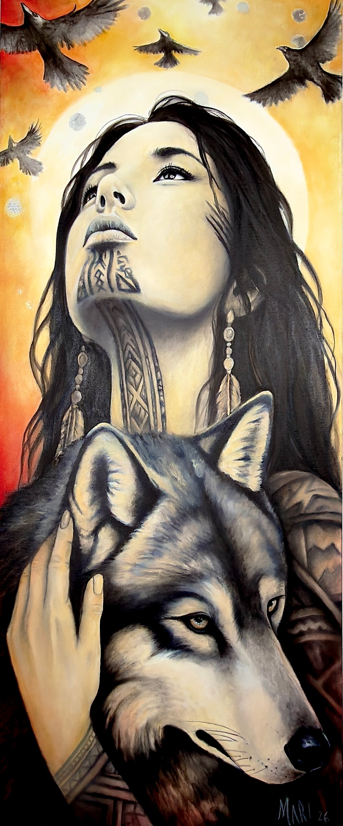 Maikan, œuvre originale à l’huile sur toile par Joanna : femme, loup et corbeaux sur fond doré.