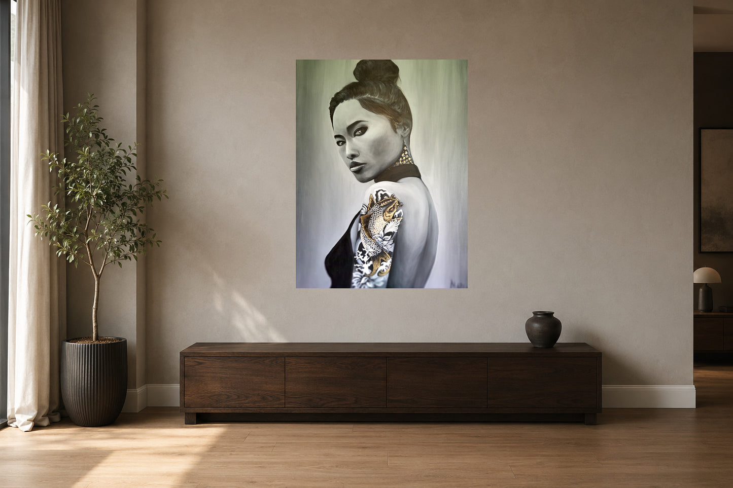 Sous la peau, toile sans cadre de 48 × 36 po présentée dans un intérieur contemporain.