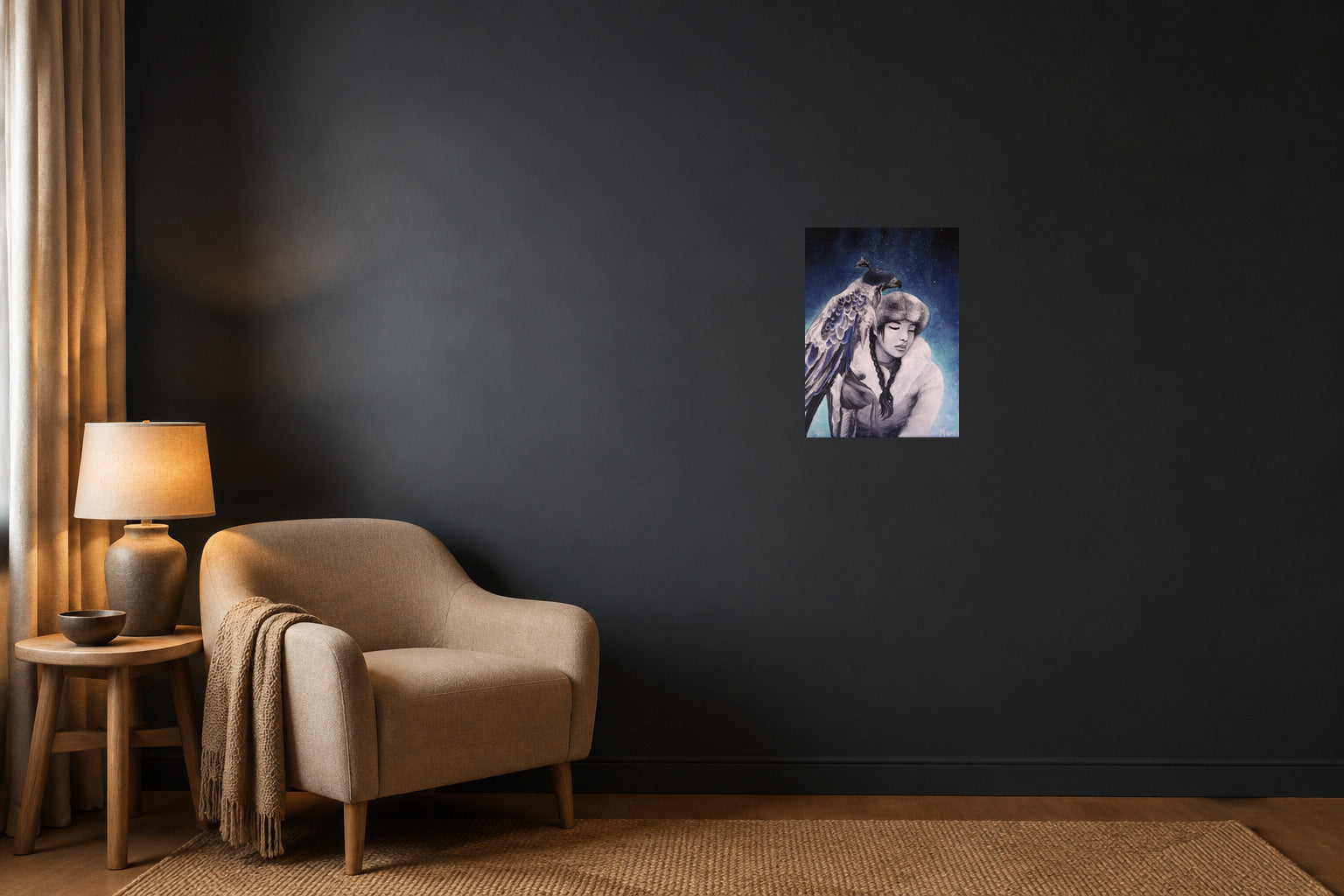 Sous les étoiles, toile sans cadre de 24 × 18 po présentée dans un coin de lecture feutré.