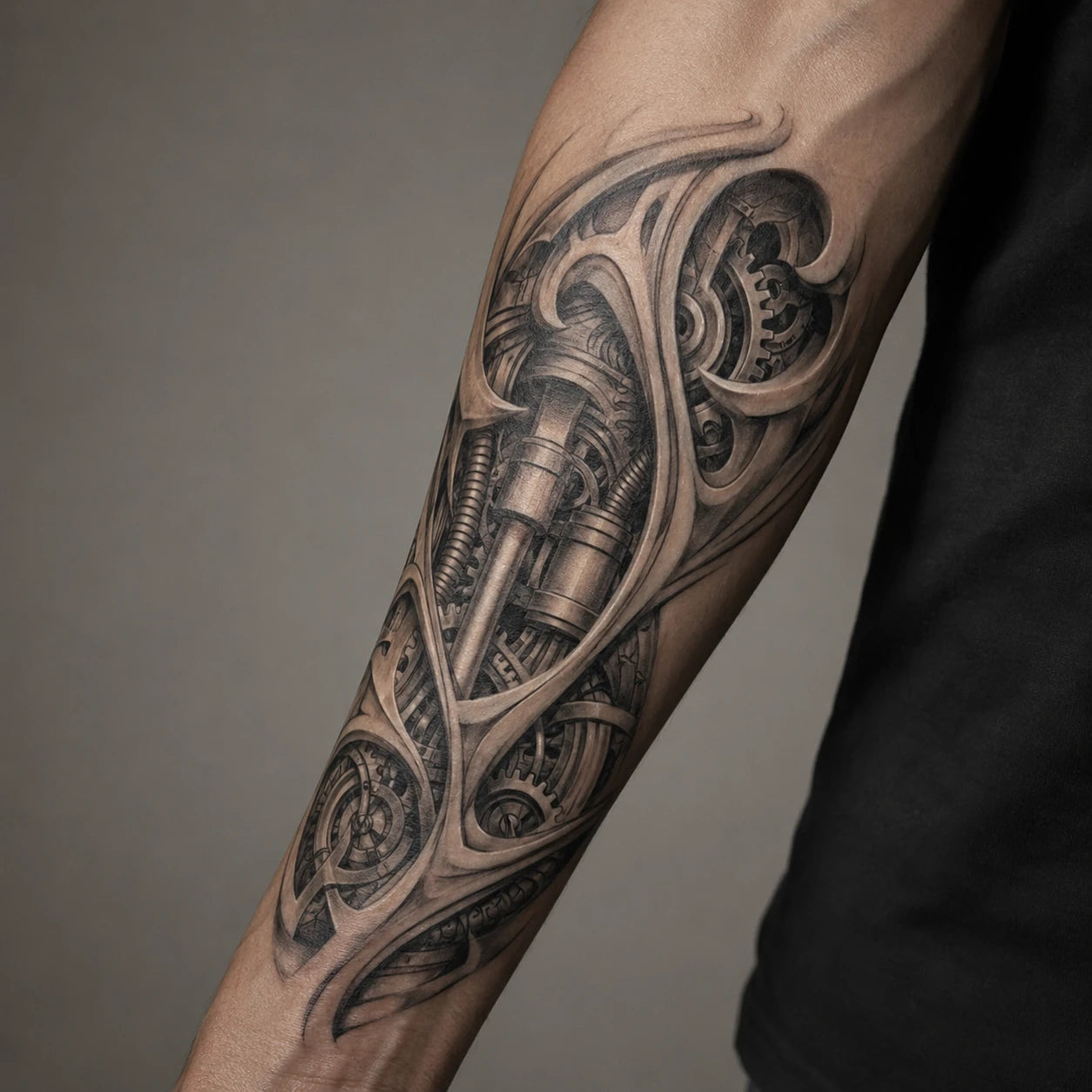 Tatouage biomécanique en 3D évoquant des mécanismes sous la peau, par Joannartattoo