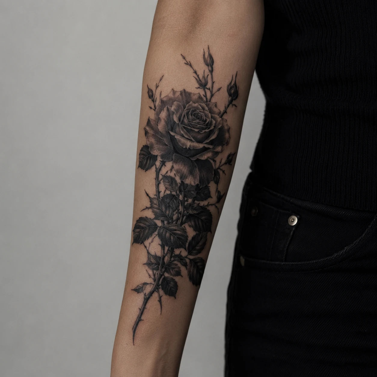 Tatouage dark botanical, fleurs sombres et atmosphère mystérieuse, par Joannartattoo