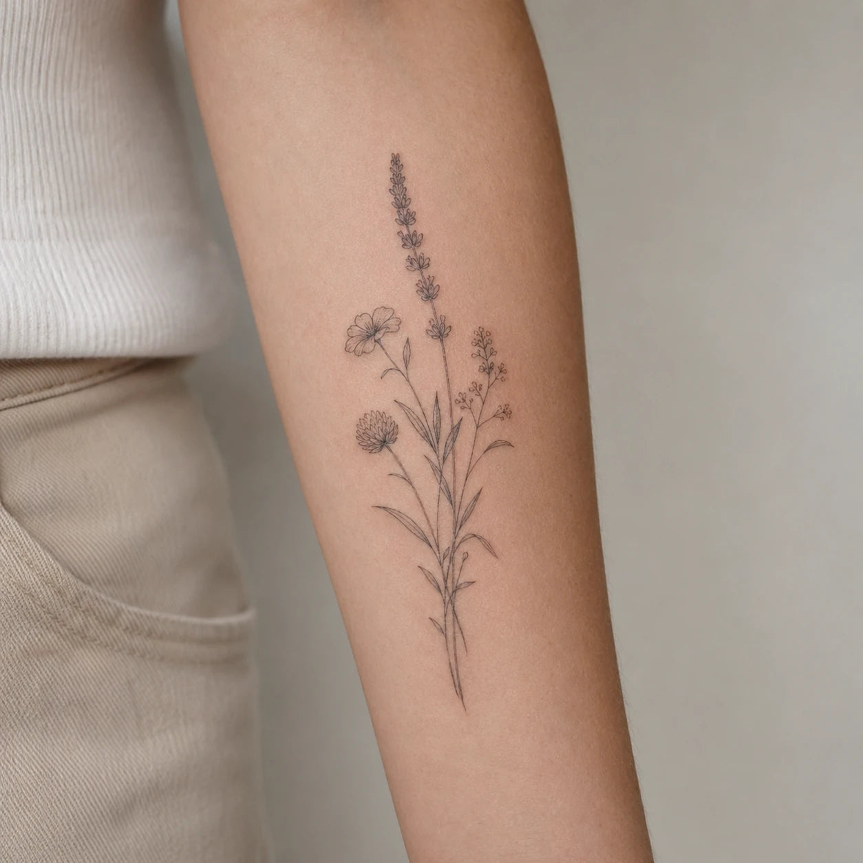 Tatouage botanique en fine line, fleurs et feuillages délicats, par Joannartattoo