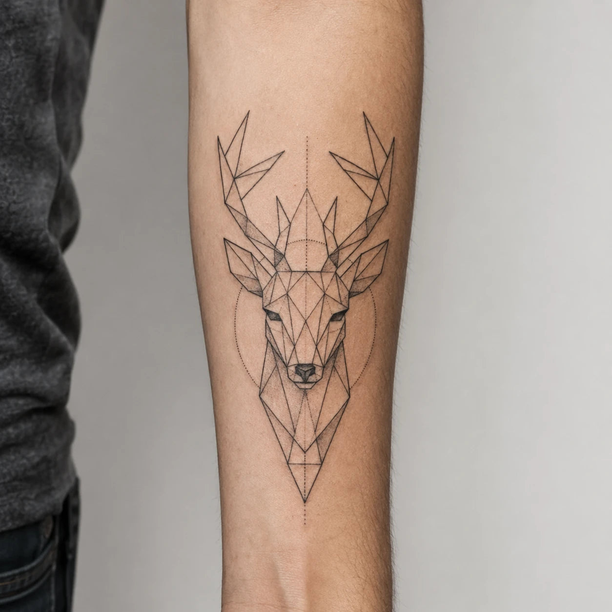 Tatouage géométrique aux lignes nettes et symétriques, par Joannartattoo