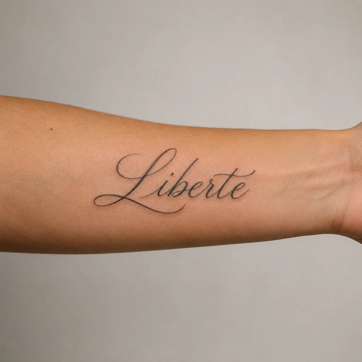 Tatouage lettrage calligraphié, mot personnalisé en typographie soignée, par Joannartattoo