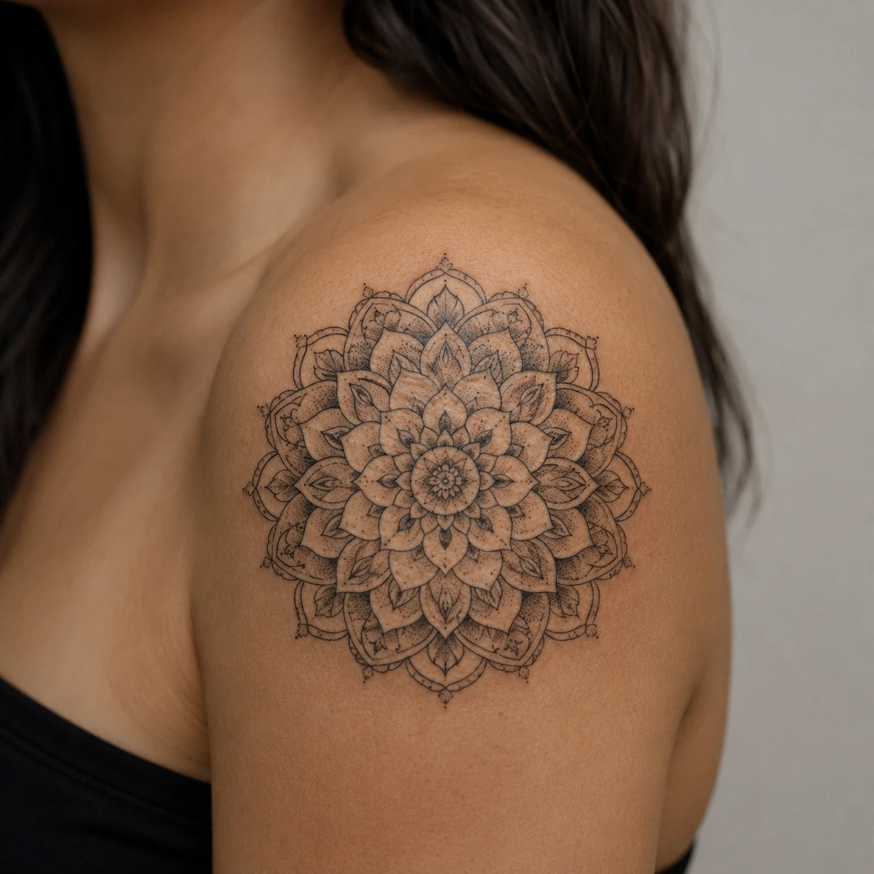 Tatouage mandala circulaire symétrique et détaillé, par Joannartattoo