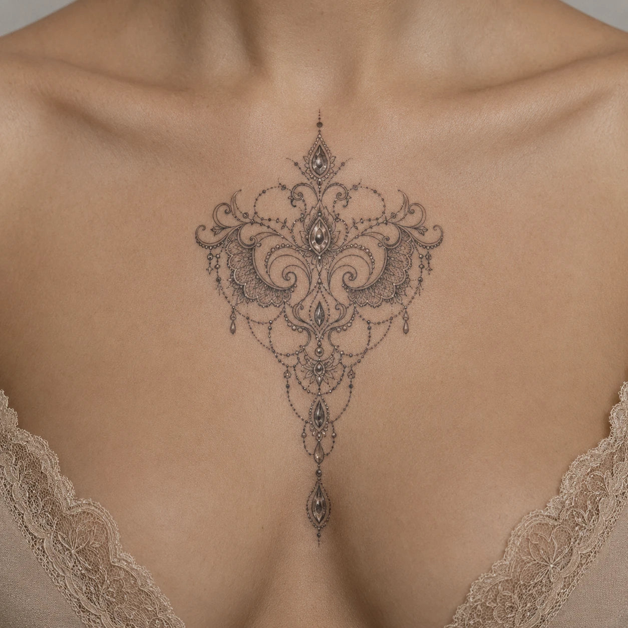 Tatouage ornemental façon dentelle épousant les courbes du corps, par Joannartattoo