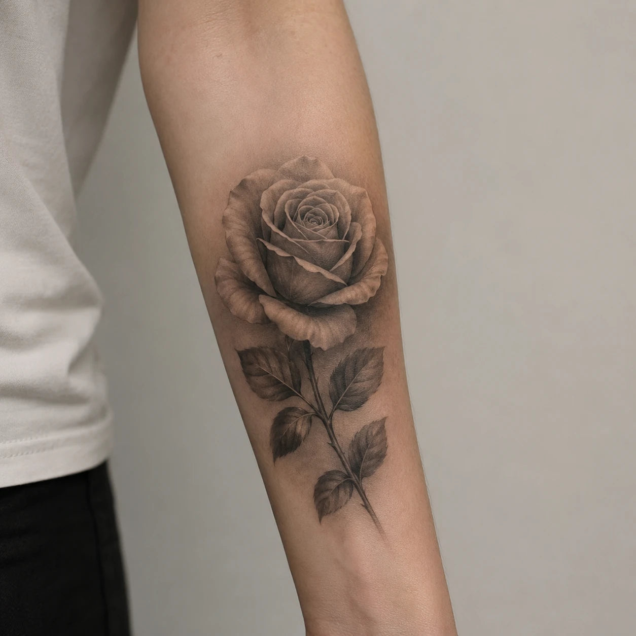 Tatouage réaliste en noir et gris avec dégradés et ombres profondes, par Joannartattoo